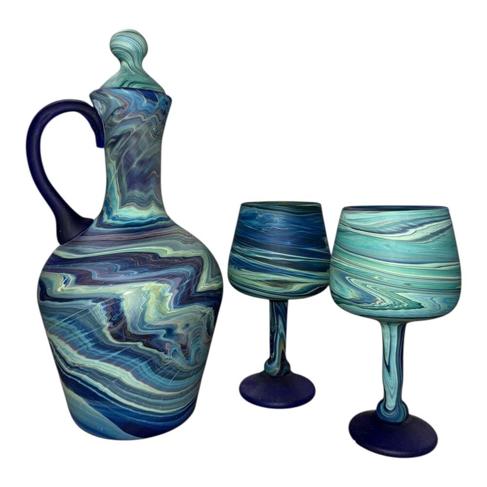 Vintage Hand Blown Swirl Art Glass Decanter and Two Goblet Set